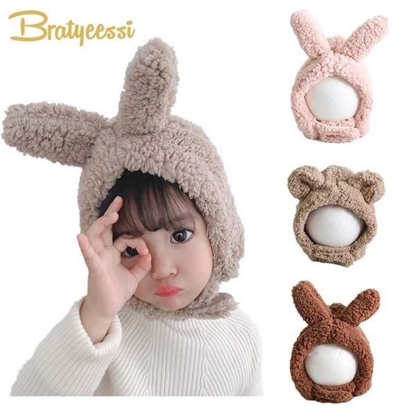 

winter kids bunny hat cute plush warm baby hat for boy girl imitation lamb wool infant beanie kids cap 1-3 years 211023, Yellow