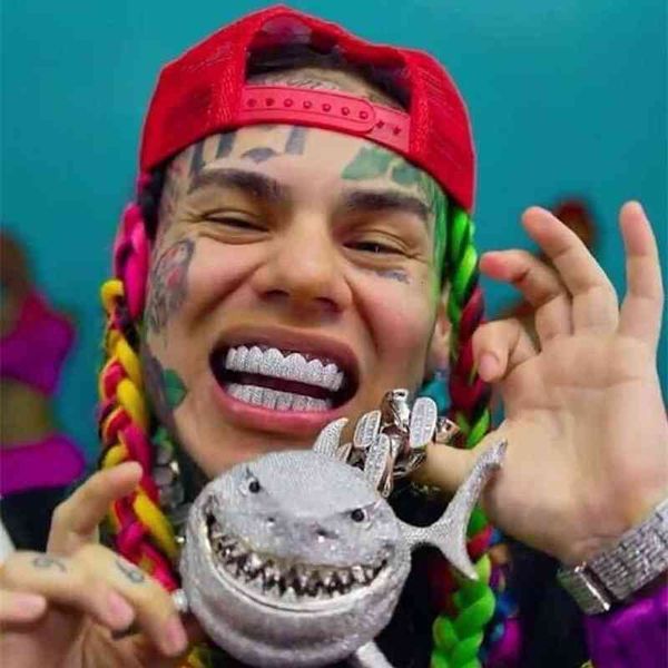 

6ix9ine the same large shark pendant full of zircon fashion personality hip hop rap men's necklace jewelry, Silver