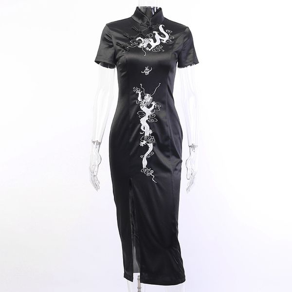 

shestyle chinese dragon print long cheongsam women slim split gothic punk black short sleeve dress female festival clothesing, Black;white