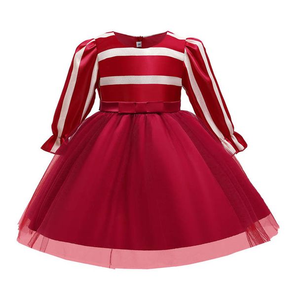 

girls dresses children dress christmas long evening kids clothes princess lace baby pettiskirt party bows striped long-sleeved b9002, Red;yellow