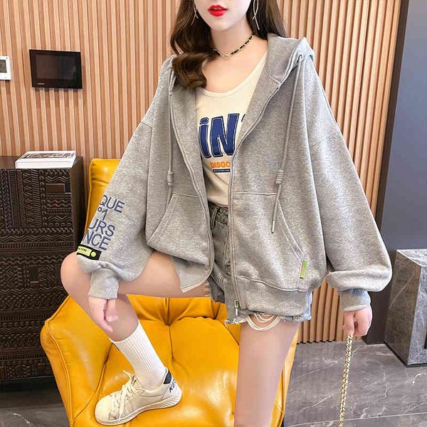 

2021 autumn winter new korean loose medium and long large cardigan zipper letter printing thin coat women's sweater, Blue;black