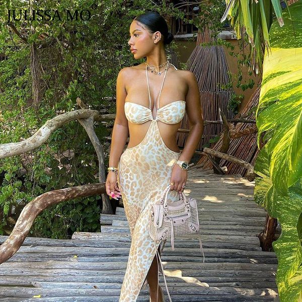 

casual dresses julissa mo sleeveless spaghetti strap leopard printed midi summer women backless dress female vestidos party, Black;gray