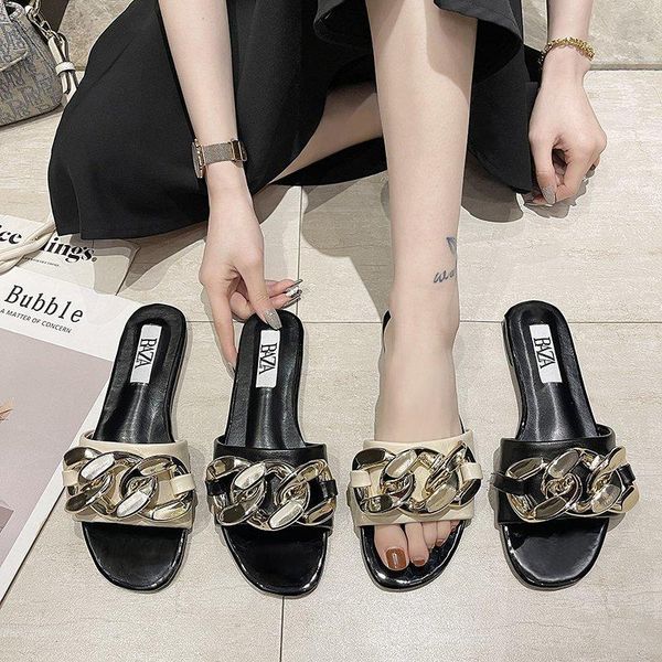 

slippers summer metal chain sandals women platform beach luxury designer womens shoes outside casual home slipper 2021, Black