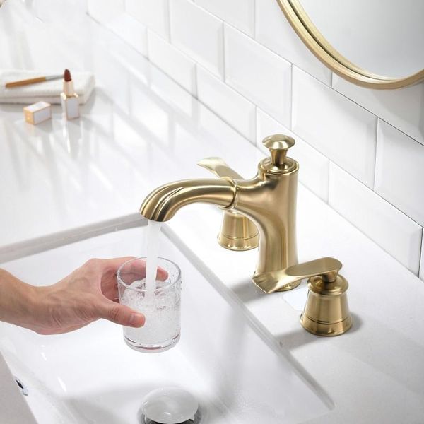 

luxury brushed gold brass bathroom sink faucet two handle three holes basin cold faucets
