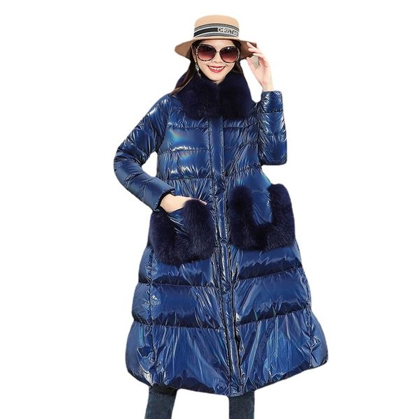 

real fox fur collar long winter 90% white party duck down coats thick women's down jacket warm loose snow outwear parkas female, Black