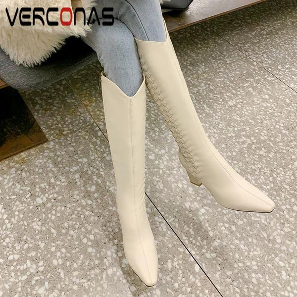 

boots verconas elegant woman knee high autumn winter warm cow leather party basic office prom concise brand shoes, Black