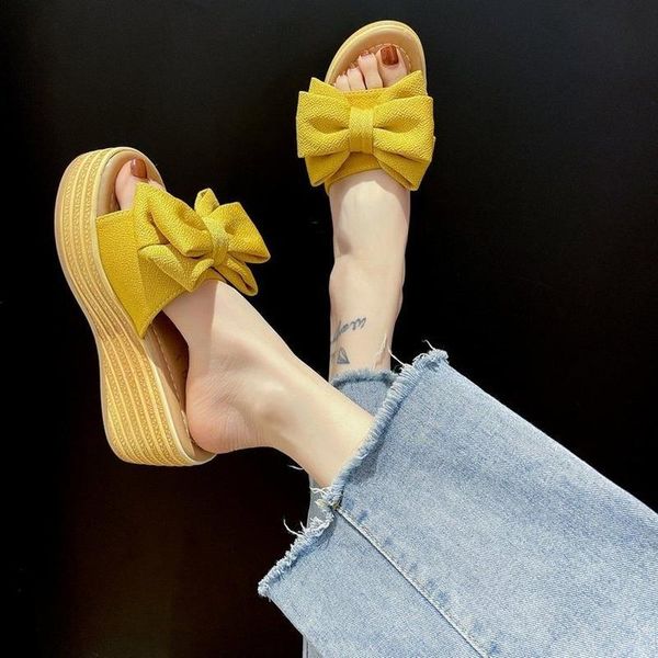 

slippers sweet bow female 2021 summer slope with comfortable beach sandals and fashion wild simple, Black