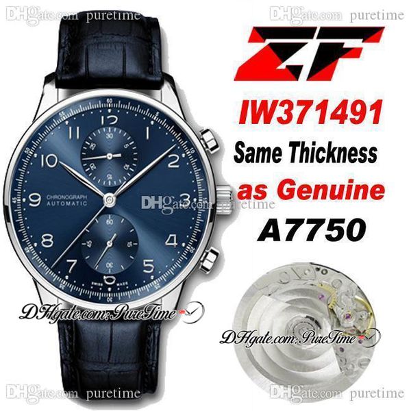 2021 ZFF 371491 ETA A7750 Automatik-Chronograph Herrenuhr Stahlgehäuse blaues Zifferblatt Lederarmband Super Edition Stoppuhruhren (gleiche Dicke wie Original) Puretime