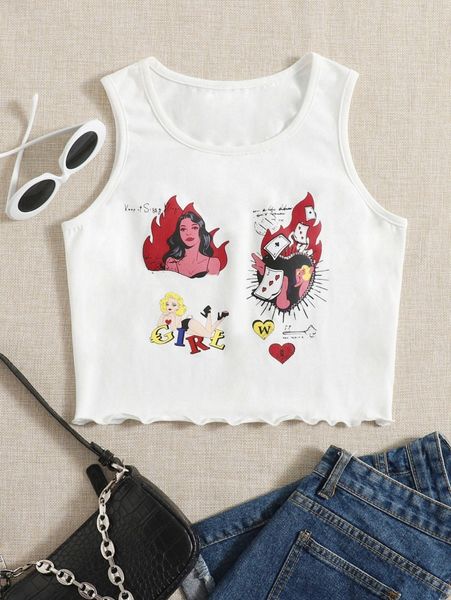 

letter & figure graphic lettuce trim tank s1cf#, White