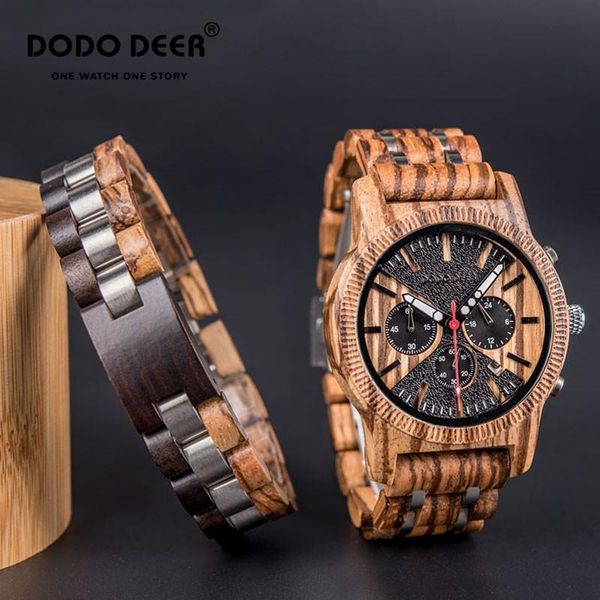 Horloges Relojes Para Hombre DODO HERTEN Hout voor mannen chronograaf kalender militair horloge roestvrijstalen armband C08