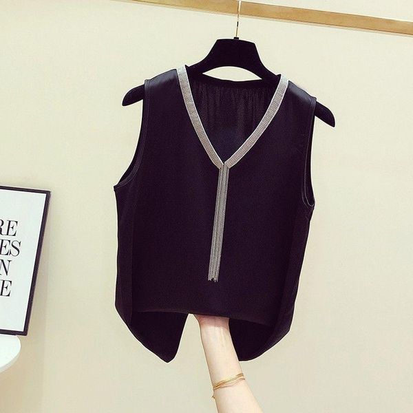 

women's tanks & camis 2021 summer women fashion bead tassel chiffon tank v-neck sling camisole ladies solid sleeveless loose vest, White