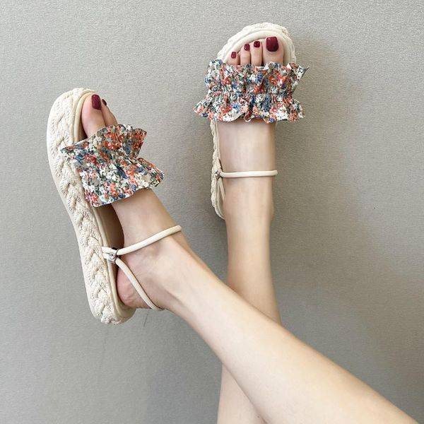 

sandals 2021 ruffles small floral fabric women slippers summer beach shoes two ways thicken soled flower sandalias mujer, Black