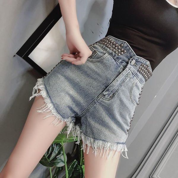 

women's jeans ladies summer high waist tassels denim short rivets studded punk shorts street slim fit women fashion mini, Blue