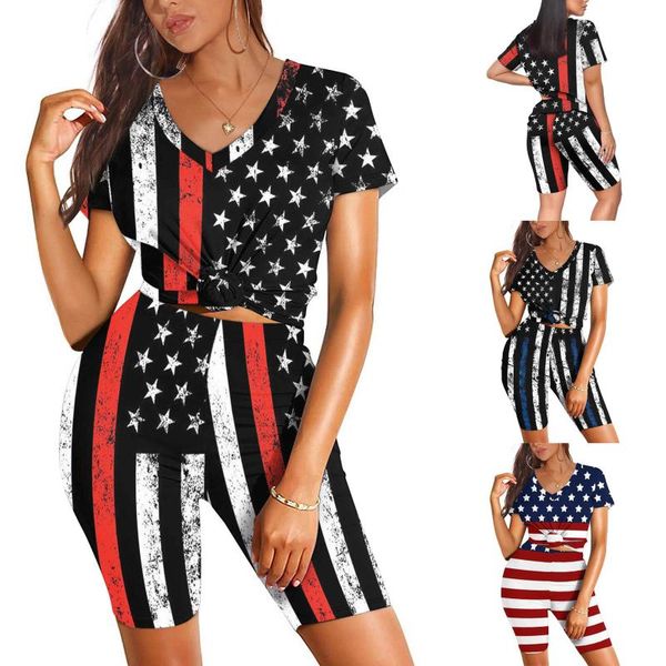 

women's tracksuits independence day fashion womens casual printed v-neck short sleeve pant set 2 piece outfits print for women styl, Gray