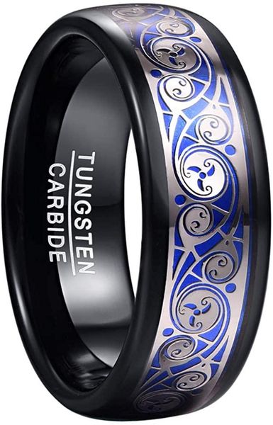 

cluster rings nuncad men's 8mm tungsten carbide ring with blue background triple spiral pattern inlaid comfort fit size 7-12, Golden;silver