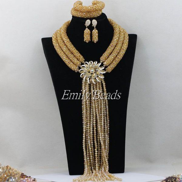 

earrings & necklace 2021 african bridal jewelry set nigerian wedding champagne gold crystal beads sets amj963, Silver