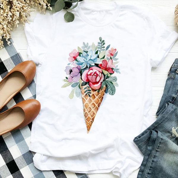 

men lady 90s watercolor t shirt cartoon ice cream beach print tee mens female clothes graphic, White;black
