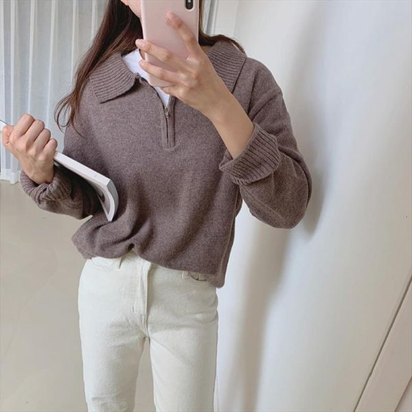 

women autumn knitted pullover sweater zipper turndown collar gentle sweet elegant loose all match casual female coat, White;black
