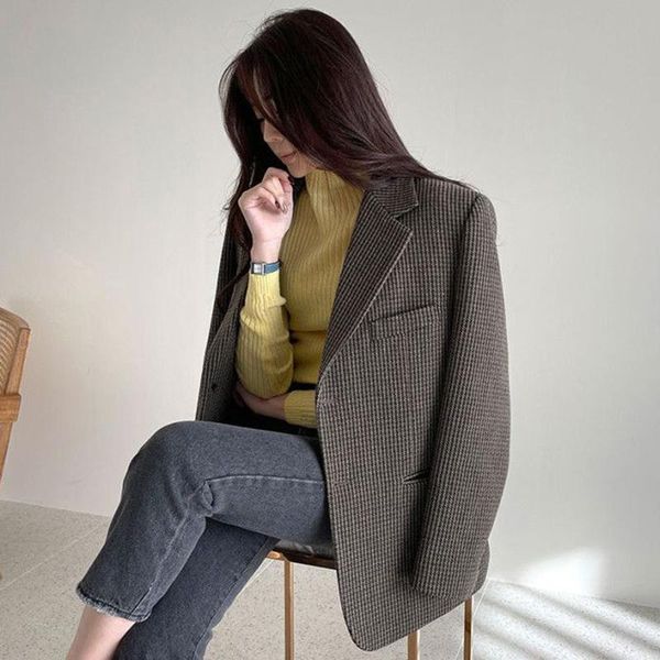 

women's suits & blazers fall women kroean wool blazer coat autumn winter vintage plaid jacket woman fashion elegant office short, White;black