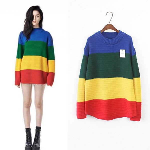 

women's sweaters rainbow harajuku super elastic loose sweater striped gradient knitwear long sleeve, White;black