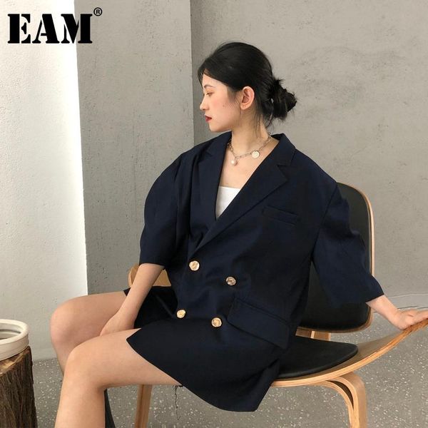 

[eam] women dark blue big size double breasted blazer lapel three-quarter sleeve jacket fashion spring autumn 2021 1dd6466 women's suit, White;black