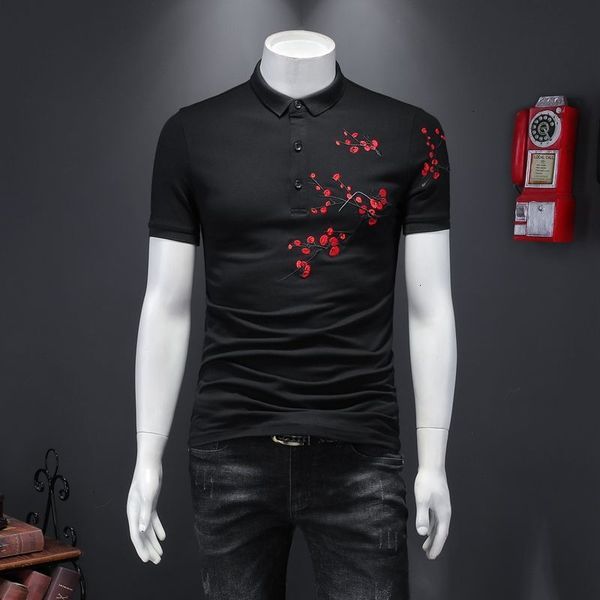 

men's polos embroidery flower shirt short sleeve men summer shirts white black polo camisa mannen kleding vcbd