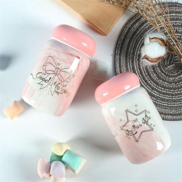 

mugs 350ml ins nordic marbled ceramic mug heat-resistant cartoon flamingo with lid