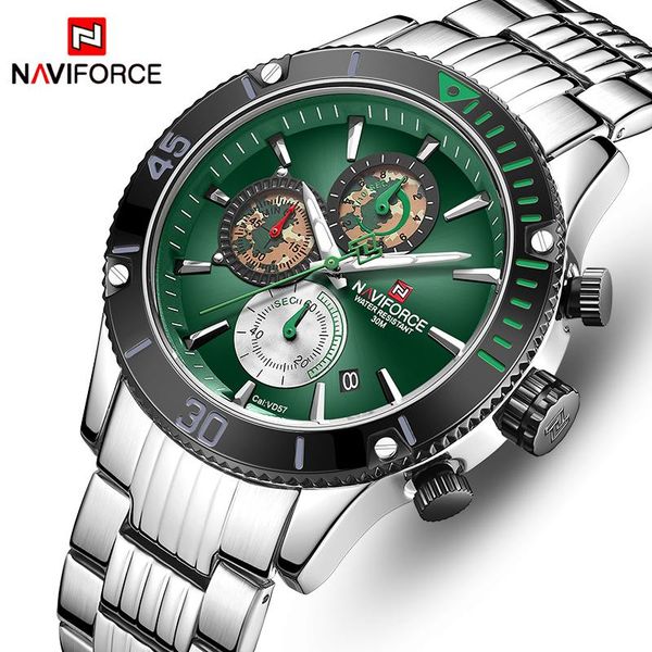 

wristwatches men watches naviforce brand stainless steel quartz watch chronograph military sport clock wrist relogio masculino, Slivery;brown