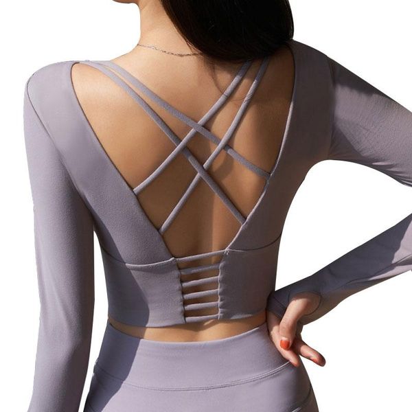 

yoga outfit 2021 women long sleeve running shirts exposed navel t-shirts sports stretch fitness gym crop sport wear