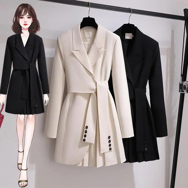 

fashion trench coat dress women 2022 new spring autumn windbreaker coat female plus size 4xl black white belt blazer vintage, Tan;black