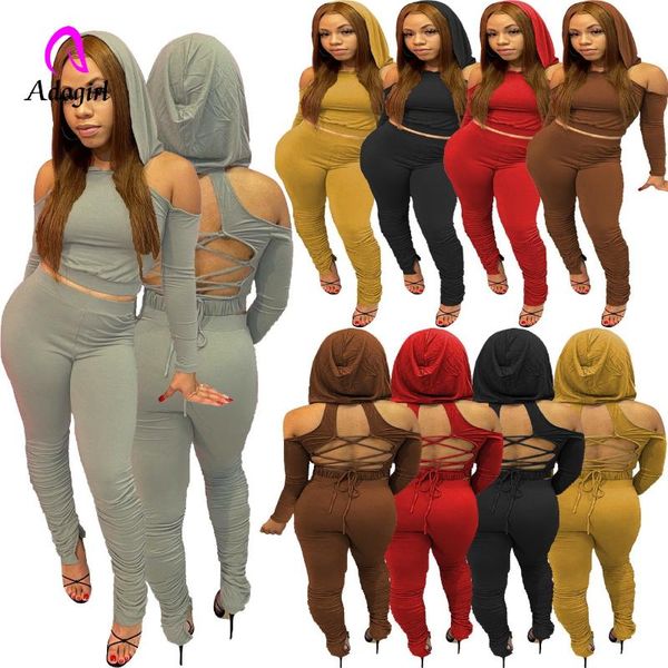 

women's two piece pants fitness women 2 set solid long sleeve hooded crop + high waist skinny leggings matching hollow out tracksui, White
