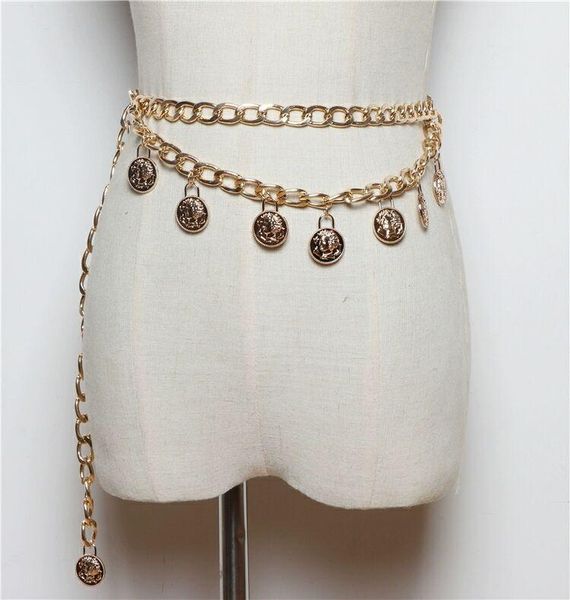 

belts fashion link chain metal round pendant women waist cummerbunds, Black;brown