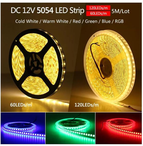 5 м 600LEDs 5054 Светодиодная лента Водонепроницаемый DC12V Гибкие светодиодные фонари Высокая яркость, чем 5050 Синий Зеленый Красный Белый RGB