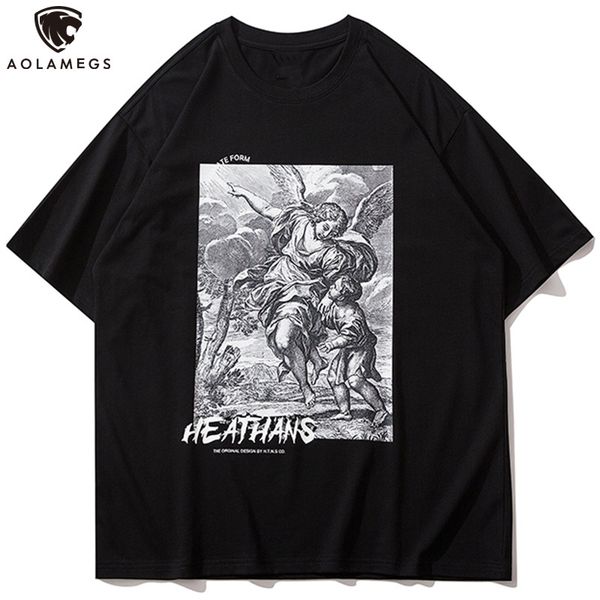 

men's polos aolamegs men's vintage angel portrait printed oversized male shirt cozy high street fashion summer streetwear, White;black