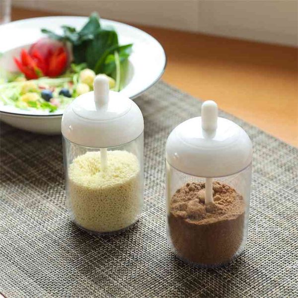 3 pezzi / set barattolo di condimento in plastica con cucchiaio scatola in stile giapponese forniture da cucina bottiglia ampolla famiglia carina 210423