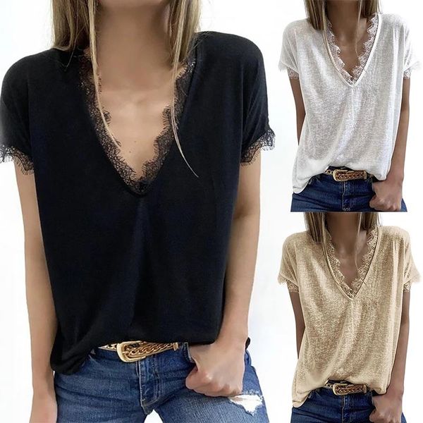 

women's t-shirt european and american solid color casual lace female summer v neck short sleeve pure basic tee, White