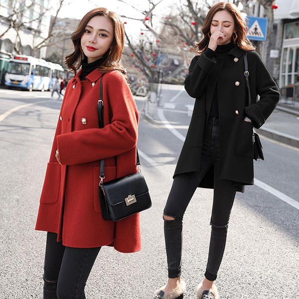

women's wool & blends 2021 women coat autumn winter fashion warm woolen female elegant double breasted ladies outwear outcoat, Black