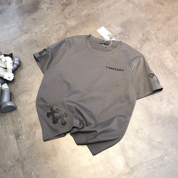 

cro 21 summer new cement grey litchi pu cross embroidery sanskrit short sleeve t-shirt for couples, White