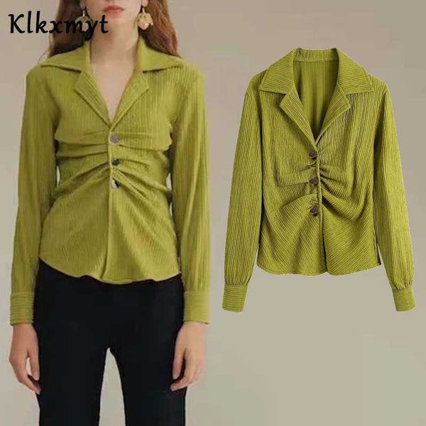 

klkxmyt za women fashion button-up pleated blouses vintage lapel collar long sleeve female shirts blusas chic 210527, White