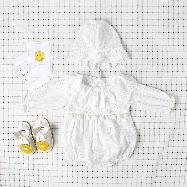 

rompers ins summer autumn baby girls cotton jacquard white pom lace bodysuits with hat born clothing 0-3t eg009 dj54, Blue