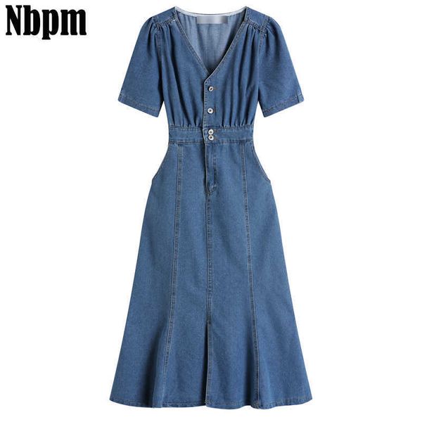 Yaz kadın giyim Denim Maxi Elbise Kadın V Yaka Bölünmüş Elastik Bel Kadın Elbiseler Vintage Sundress Chic Femme Robe 210529