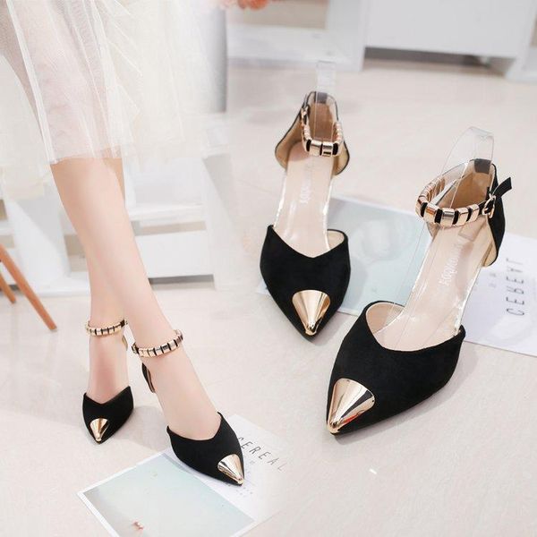 

sandals women's summer hollow one-word button fine heeled heels wholesale, Black