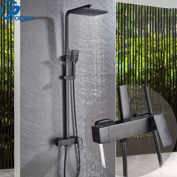

matte black shower set faucet rainfall bathroom mixer tap brass bath column in wall rotatable spout sets