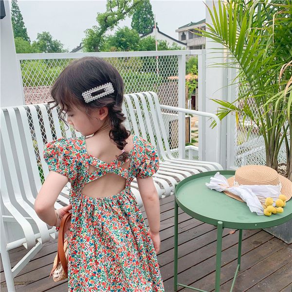 

kids clothing wholesale summer korean backless children's dress girl flower back hollow-out retro bubble european and american style, Red;yellow