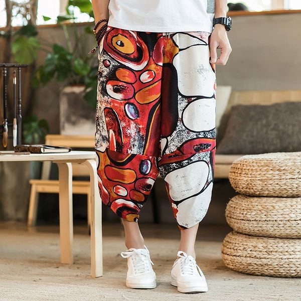 

men harajuku harem pants streetwear mens summer cotton joggers pants male vintage chinese style calf-length sweatpants 10984, Red