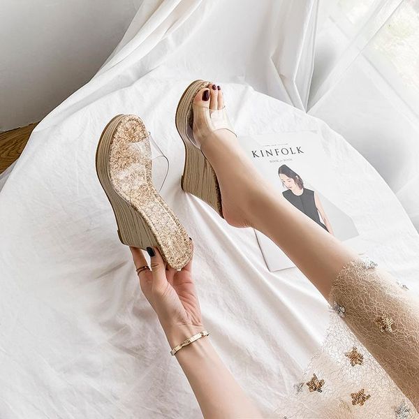 

transparent sandals women's 2021 summer fashion all-match roman shoes crystal slope heel increase platform slippers, Black