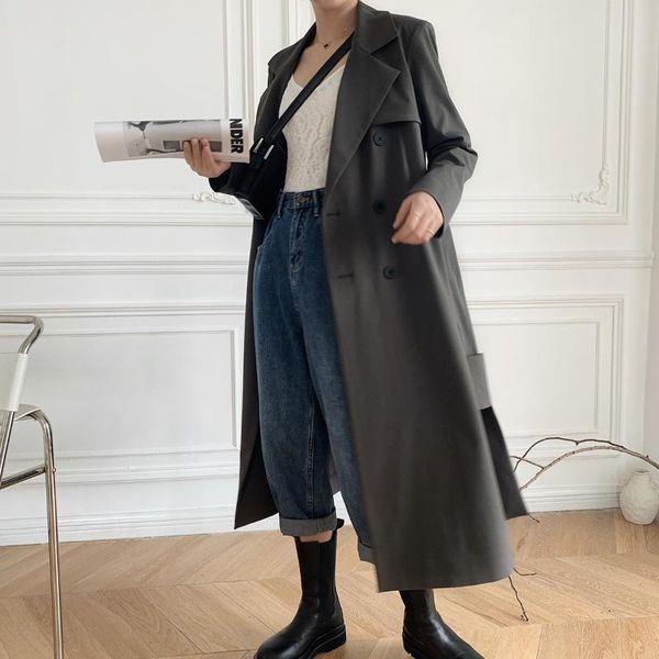 

women's trench coats 2021 women autumn and winter mid-length gray belted coat, Tan;black