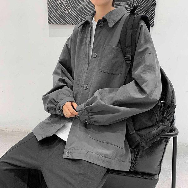 

spring and autumn youth fashion men's loose solid color korean style multi-pocket single-breasted jacket black/grey jackets, Black;brown