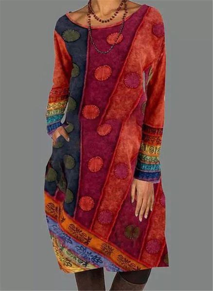 

casual dresses 2021 autumn winter women loose dots pocket vintage printed dress full long sleeve cotton party plus sizes, Black;gray