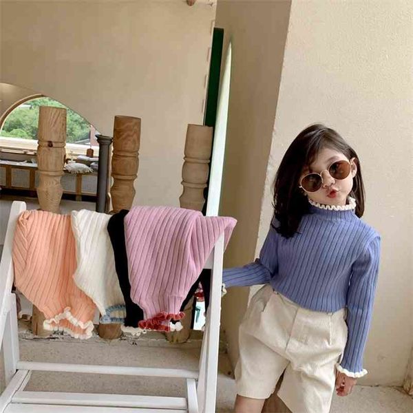 

children's sweaters autumn winter korean version of the curled contrast baby kids half high neck girls 210625, Blue